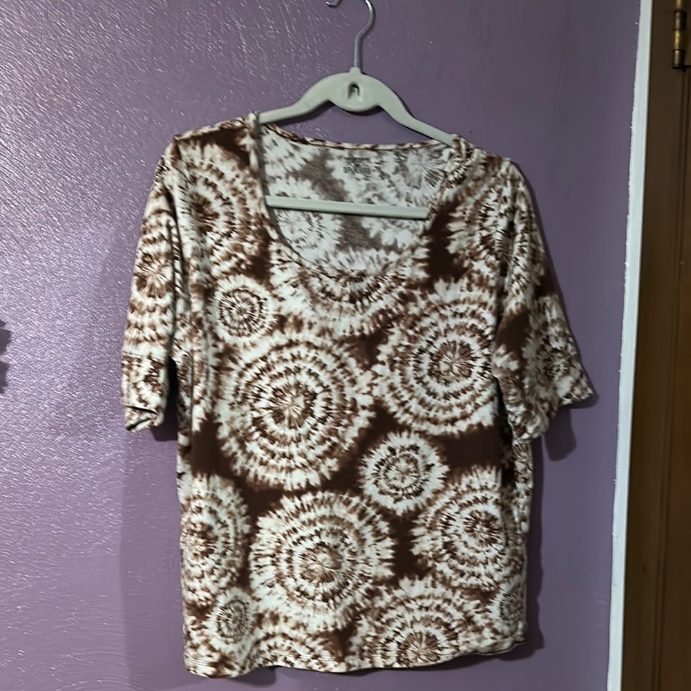 Jones New York Brown Cream Boxy Short Sleeve Tee